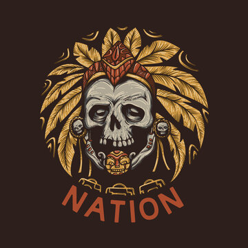t shirt design nation with skull of head chief and brown background vintage illustration