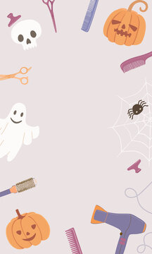 Halloween background with hairdressing tools, pumpkin, spider, skull, ghost and kopi space in the center. Vertical image with hair salon accessories for a festive poster, flyer, social media.