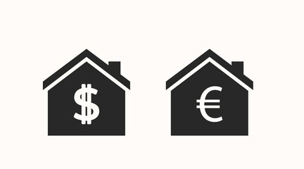 Money House Icon Set. Vector isolated lfat editable illustration of houses with dollar and euro signs