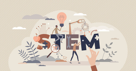 STEM study fields with science, engineering, technologies and mathematics learning tiny person concept. Education skill set as school or university approach to teaching system vector illustration.