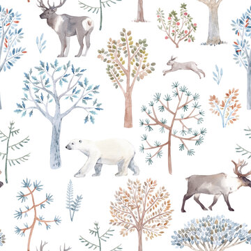 Beautiful winter seamless pattern with hand drawn watercolor cute trees and forest bear fox deer animals. Stock illustration. © zenina