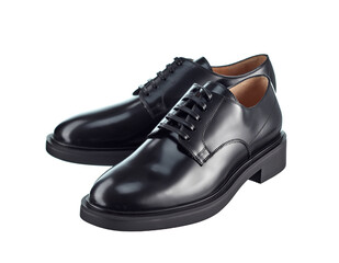 Beautiful pair of classic men's black leather shoes on lace, on the heel, isolated on a white background. 