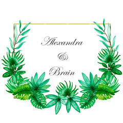 Fototapeta na wymiar Tropical watercolor frames.Watercolor tropical leaves and plants in a round and square golden geometric banner and green exotic foliage on a white background. Palm leaves.Branches with berries.Wedding