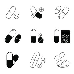 Pill and capsule icon set. Pill and capsule pack symbol vector elements for infographic web