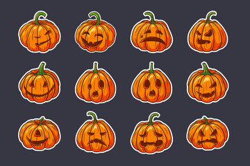 Spooky Pumpkins with Faces Halloween Stickers Set. Orange pumpkin jack lantern illustrations Collection for autumn holiday greeting cards, invitations, food package design, decoration