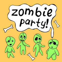A poster, a Halloween card with cute funny contour zombies and the inscription-Zombie party. Festive title for invitation, party, banner