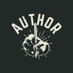 t shirt design author with hand doing writing and gray background vintage illustration