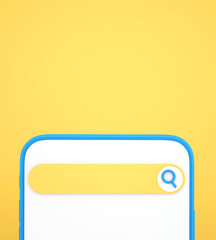 3d Smartphone with search bar on yellow background ,Communication and social media concept,3D Illustration background