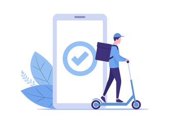 A man rides a scooter. Home delivery. Online shopping. Courier service. Flat colored vector illustration. Isolated on white background. 
