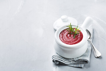 Seasonal fall autumn creamy beetroot soup on a table