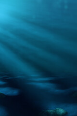 Fototapeta premium Underwater background environment illuminated by rays of light filtering from the surface. 3D Rendering