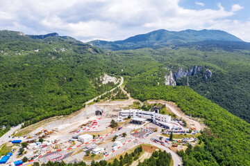 An aerial view of Ucka mountain and entrance to the tunnel,  Istria, Croatia