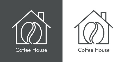 Logotipo con texto Coffee House con silueta de grano de café en casa con lineas en fondo gris y fondo blanco