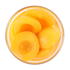 Halves of canned peaches in bowl isolated on white, top view