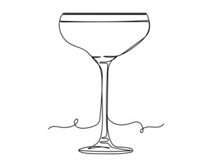 Continuous one line drawing of glass of champagne icon in silhouette on a white background. Linear stylized.Minimalist.