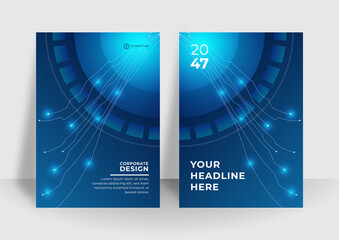 Set of futuristic tech brochure, annual report, flyer design templates in A4 size. Vector illustrations for business presentation, business paper, corporate document cover and layout template designs.