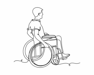 Continuous one line drawing of man in wheelchair icon in silhouette on a white background. Linear stylized.Minimalist.