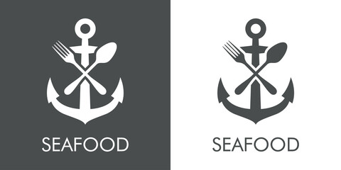 Logotipo con texto Seafood con silueta de ancla de barco con cubiertos con lineas en fondo gris y fondo blanco