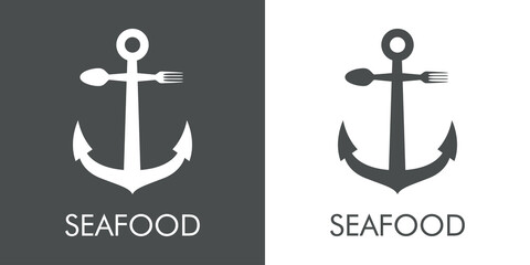 Logotipo con texto Seafood con silueta de ancla de barco con cubiertos con lineas en fondo gris y fondo blanco © teracreonte