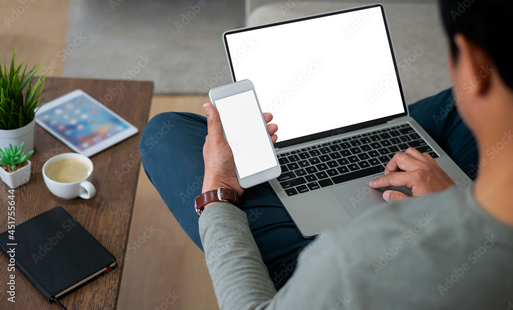 Aufkleber image of man hand using, holding smartphone or mobile mockup with blank white screen display and lap