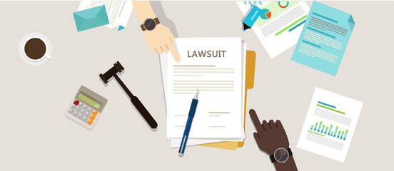 lawsuit paper hands pen gavel - obrazy, fototapety, plakaty
