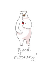 Polar bear. Morning wish with the text "Good morning".  Cute vector illustration.