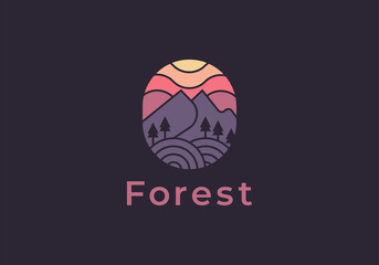 Vector vintage landscape with mountain peaks and graphic elements logo. 