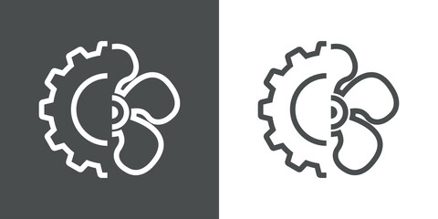 Símbolo aire acondicionado. Icono plano silueta de ventilador con engranaje con lineas en fondo gris y fondo blanco © teracreonte