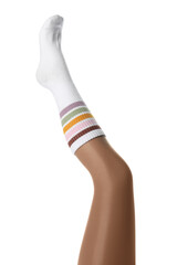 Woman wearing color sock on white background, closeup