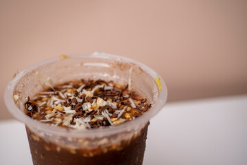 Chocolateice Ice Cincau with grated cheese, look fresh with white and pink background