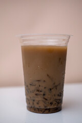 Es cincau coklat or cincau chocolate ice made from chocolate ice, evaporated milk and grated grass jelly
