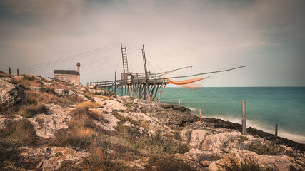 Typical Traditional Fishing House Trabucco long exposure Italy Puglia