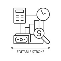 Financial management linear icon. Planning business budget. Financial literacy. Company audit. Thin line customizable illustration. Contour symbol. Vector isolated outline drawing. Editable stroke