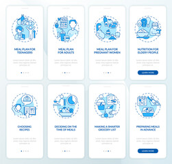 Meal plan and dieting related blue onboarding mobile app page screen set. Walkthrough 4 steps graphic instructions with concepts. UI, UX, GUI vector template with linear color illustrations