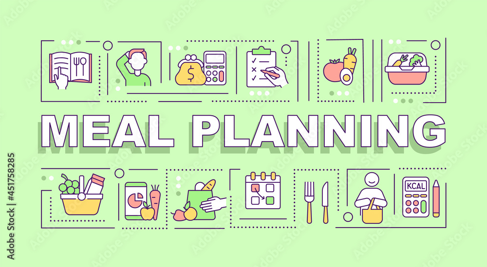 Wall mural Meal planning word concepts banner. Diet and menu plan. Infographics with linear icons on green background. Isolated creative typography. Vector outline color illustration with text