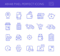 Online shopping e-commerce icons. 24 hour delivery, payment, support and discount. Pixel perfect, editable stroke