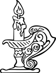 Old-fashioned lighted candle, candlestick. Black and white drawing.