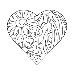 Coloring book for adults. Heart. Hand-drawn ornament with flowers. Vector monochrome Doodle holidays background