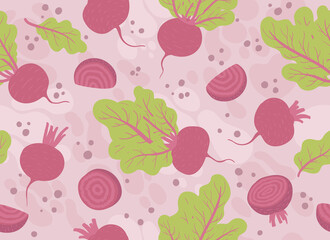 Vector seamless pattern with beetroot. Plant decor for printing labels of products, fabrics, food, paper.