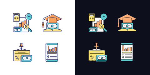 Investment light and dark theme RGB color icons set. Education loan. Money management. Financial literacy. Isolated vector illustrations on white and black space. Simple filled line drawings pack