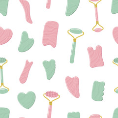 Seamless pattern of gua sha scraping massage tools. Different gua sha stones and rollers are made of rose quartz, green aventurine. Home beauty skin care routine. Hand drawn vector illustration.