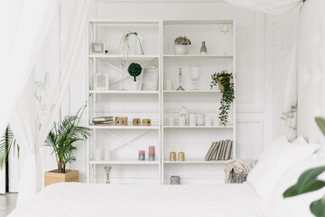 Room design, white home with bedroom decor.