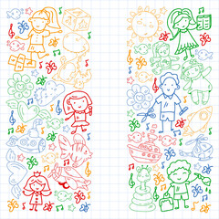 Fototapeta premium Children play with toys in the kindergarten. Kids playground. Education, creativity, imagination.