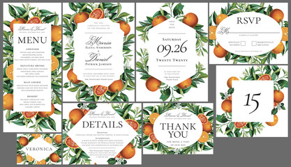 Orange Wedding Invitation Suit, wedding stationery set with vintage citrus illustrations