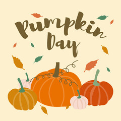 Hello pumpkin colorful inspirational card vector illustration. Seasonal template with inscription, orange gourd with autumn leaves flat style for thanksgiving day, greeting, invitation card, poster