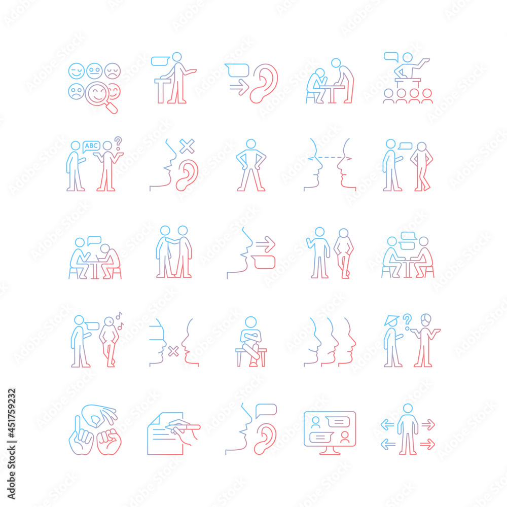 Poster communication channel gradient linear vector icons set. body language. language barriers. eye contac