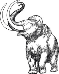 Black and white hand drawn sketch of mammoth on white background isolated vector illustration