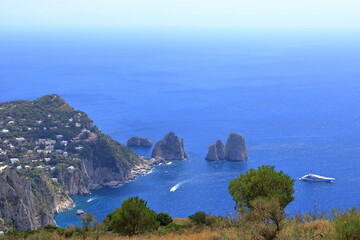 Spectacular View of Sea Cliffs and Coastline to the Faraglioni Rocks from Monte Solaro, Island of Capri, Italy
