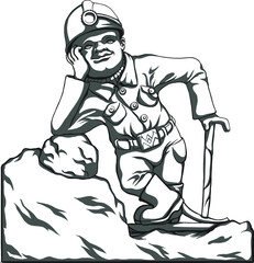 Miner tool and equipment in action. Cartoon characters, black and white image.