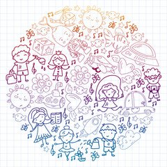 Children play with toys in the kindergarten. Kids playground. Education, creativity, imagination.